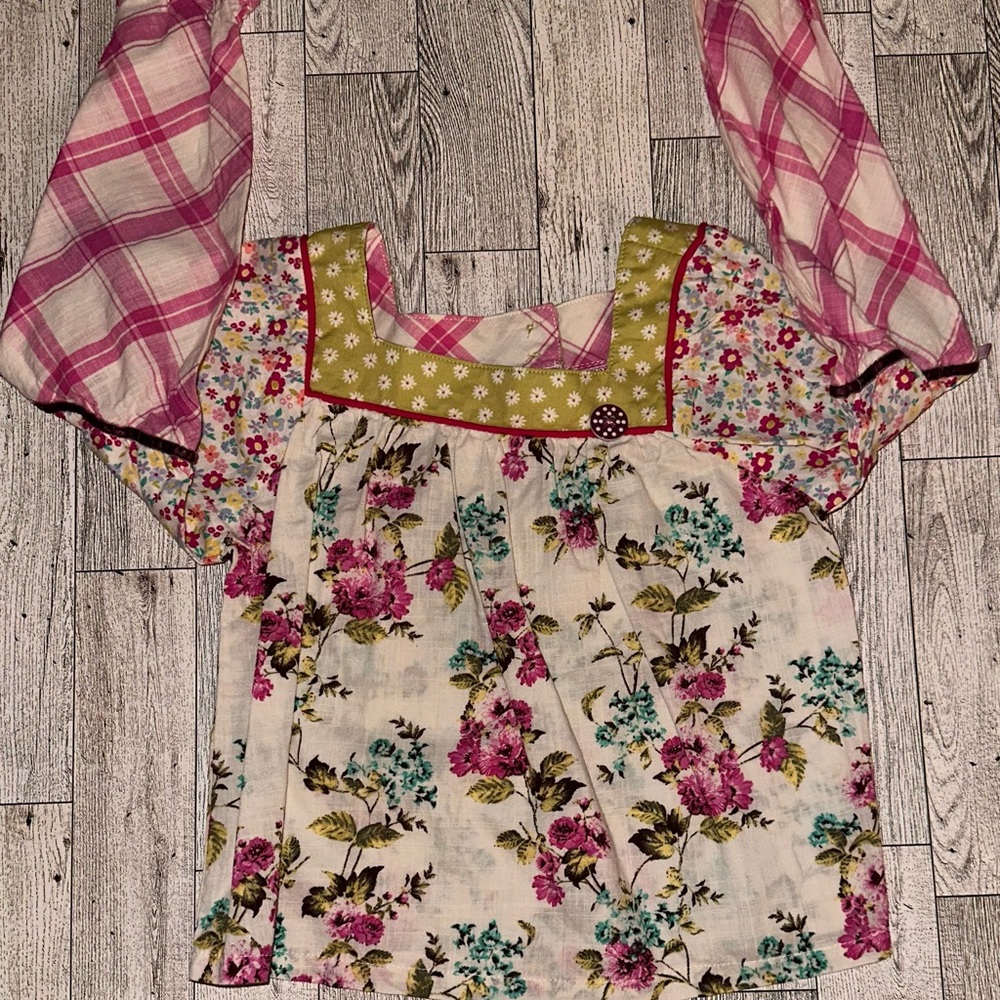 Matilda Jane Floral Kids Top with Pink Plaid Sleeves - 4T